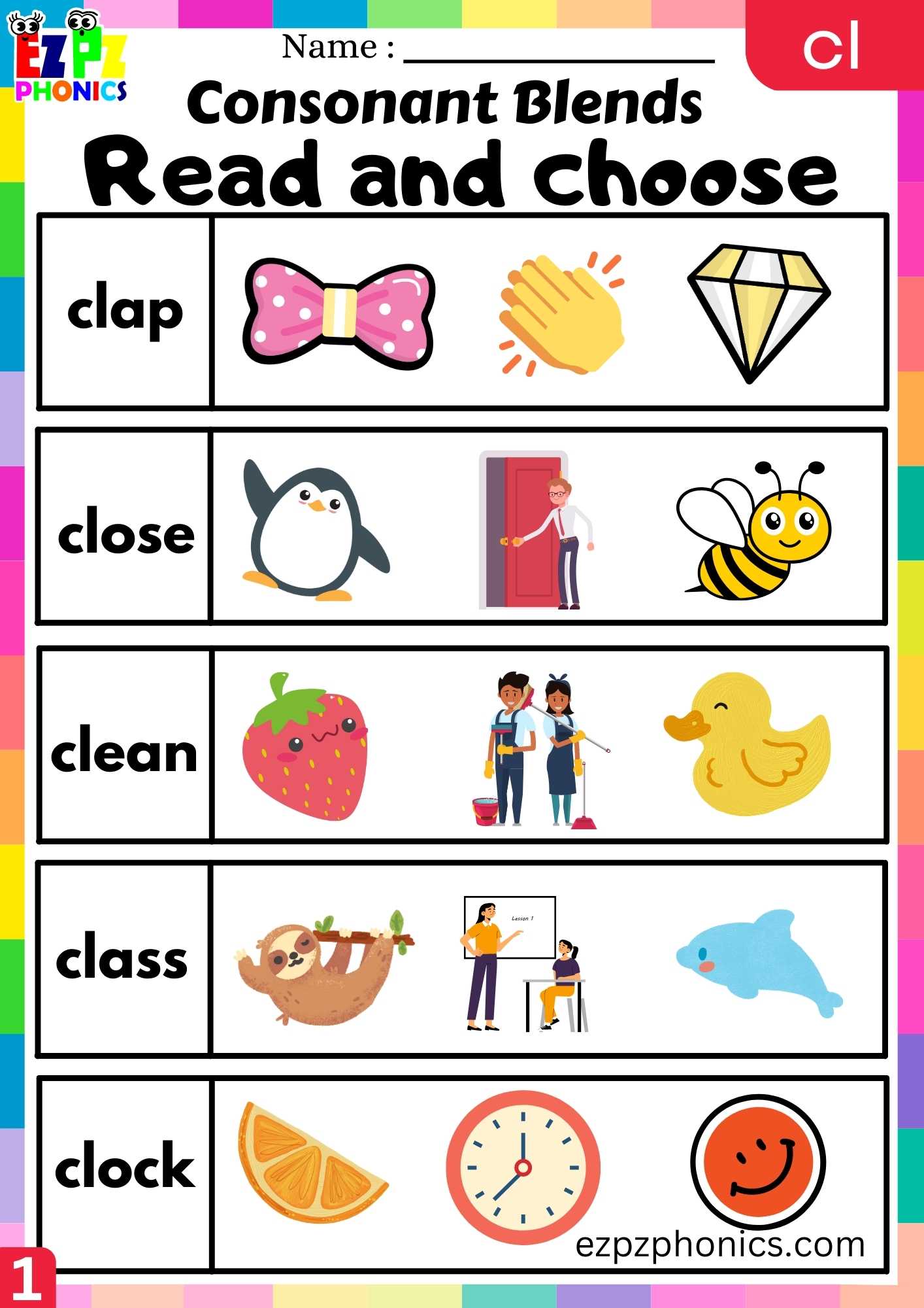 Group1 CL Words Read And Choose Phonics Consonant Blends Worksheet